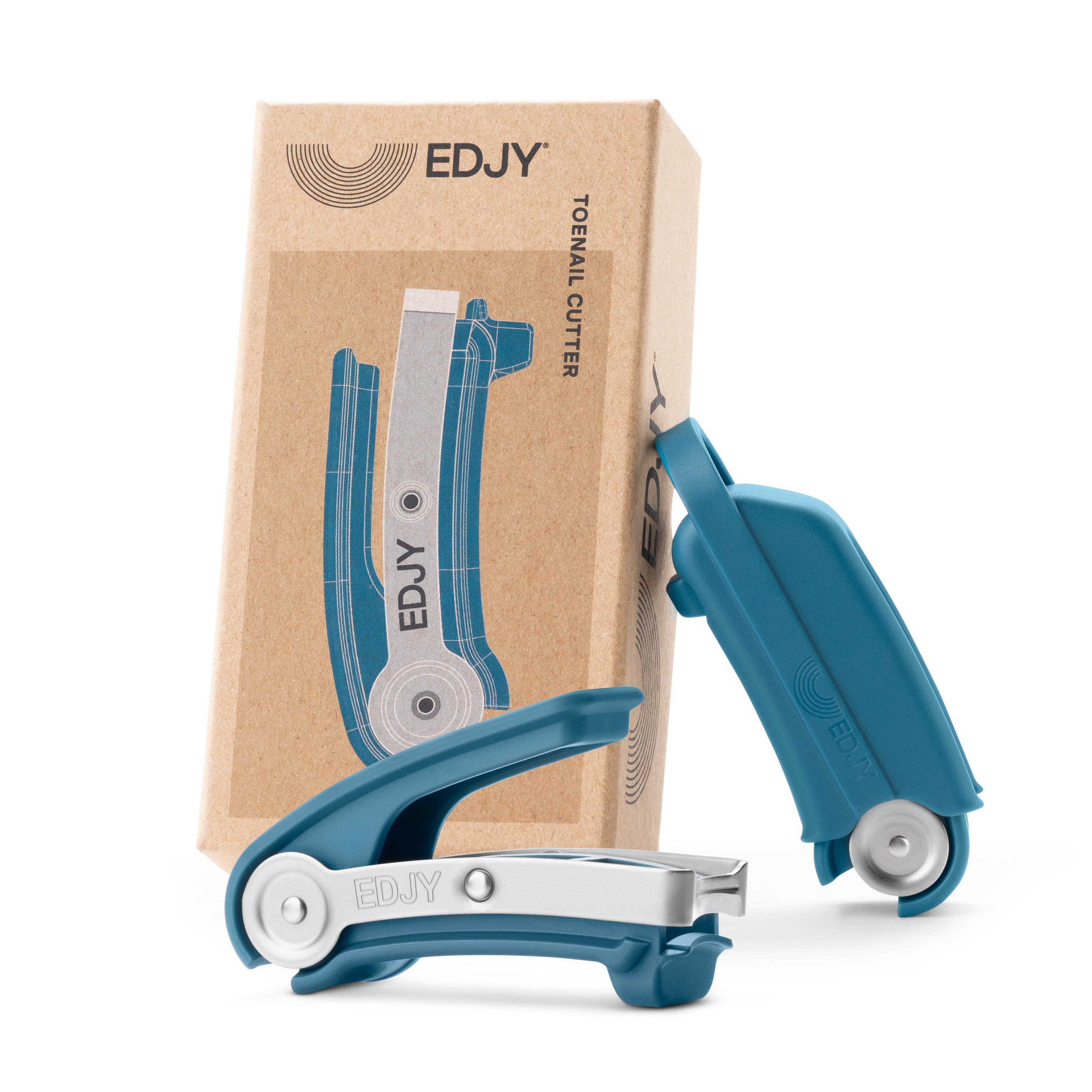Teal blue EDJY toenail cutter and packaging, shown in both its ready-to-use state and with its protective storage cap on.