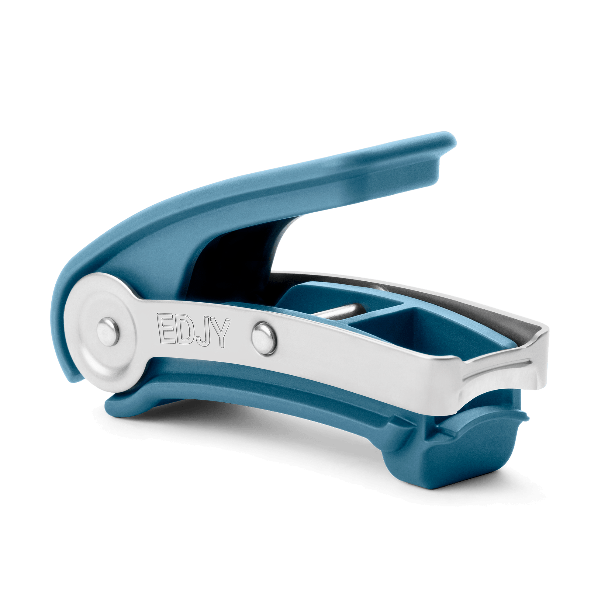 Teal blue EDJY toenail clipper featuring a single blade design and a retracted lever for improved visibility. 